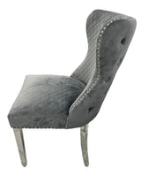 Luxury Plush Dark Grey Velvet Dining Chair with Lion Knocker and Chrome Legs