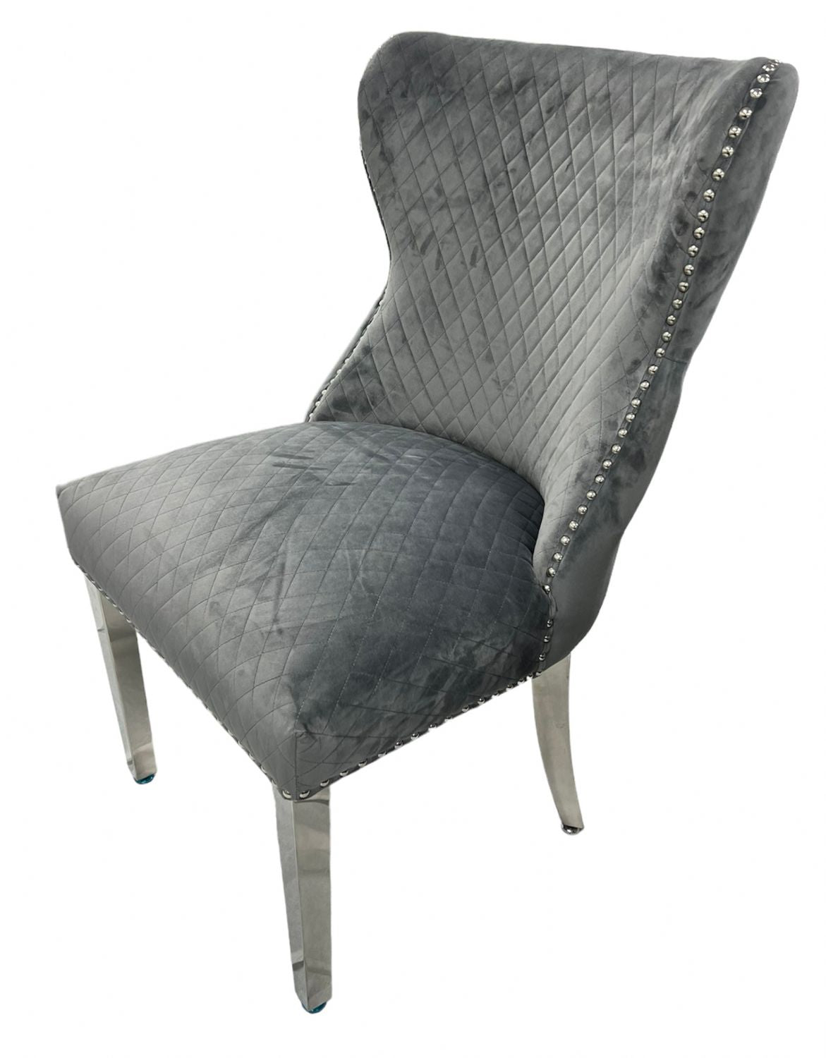 Luxury Plush Dark Grey Velvet Dining Chair with Lion Knocker and Chrome Legs