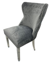 Luxury Plush Dark Grey Velvet Dining Chair with Lion Knocker and Chrome Legs