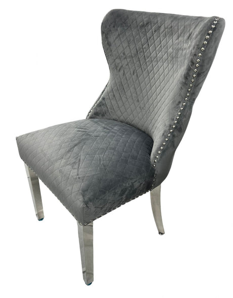 Luxury Plush Dark Grey Velvet Dining Chair with Lion Knocker and Chrome Legs