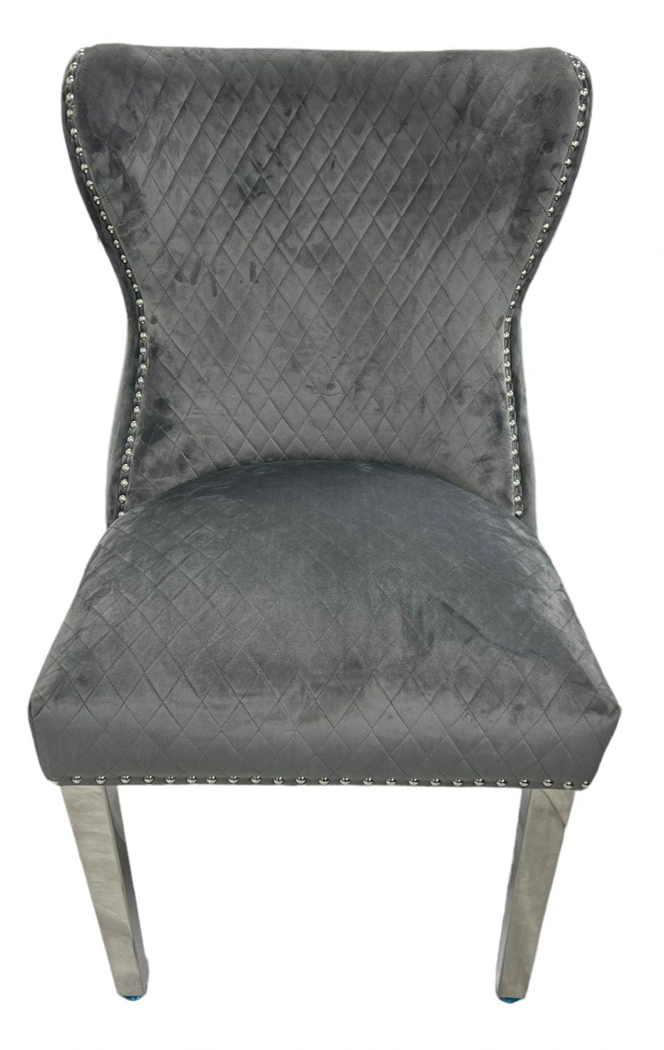 Luxury Plush Dark Grey Velvet Dining Chair with Lion Knocker and Chrome Legs