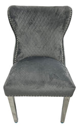 Luxury Plush Dark Grey Velvet Dining Chair with Lion Knocker and Chrome Legs