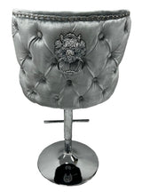 Luxury Light Grey Velvet Chesterfield Bar Stool with Chrome Base and Lion Knocker