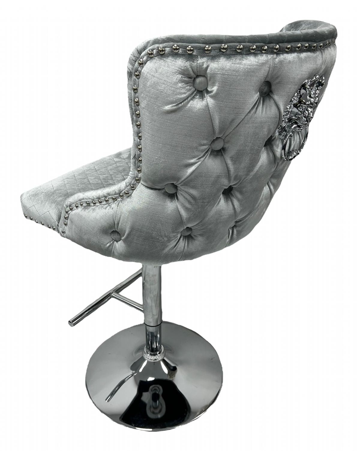 Luxury Light Grey Velvet Chesterfield Bar Stool with Chrome Base and Lion Knocker