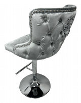 Luxury Light Grey Velvet Chesterfield Bar Stool with Chrome Base and Lion Knocker