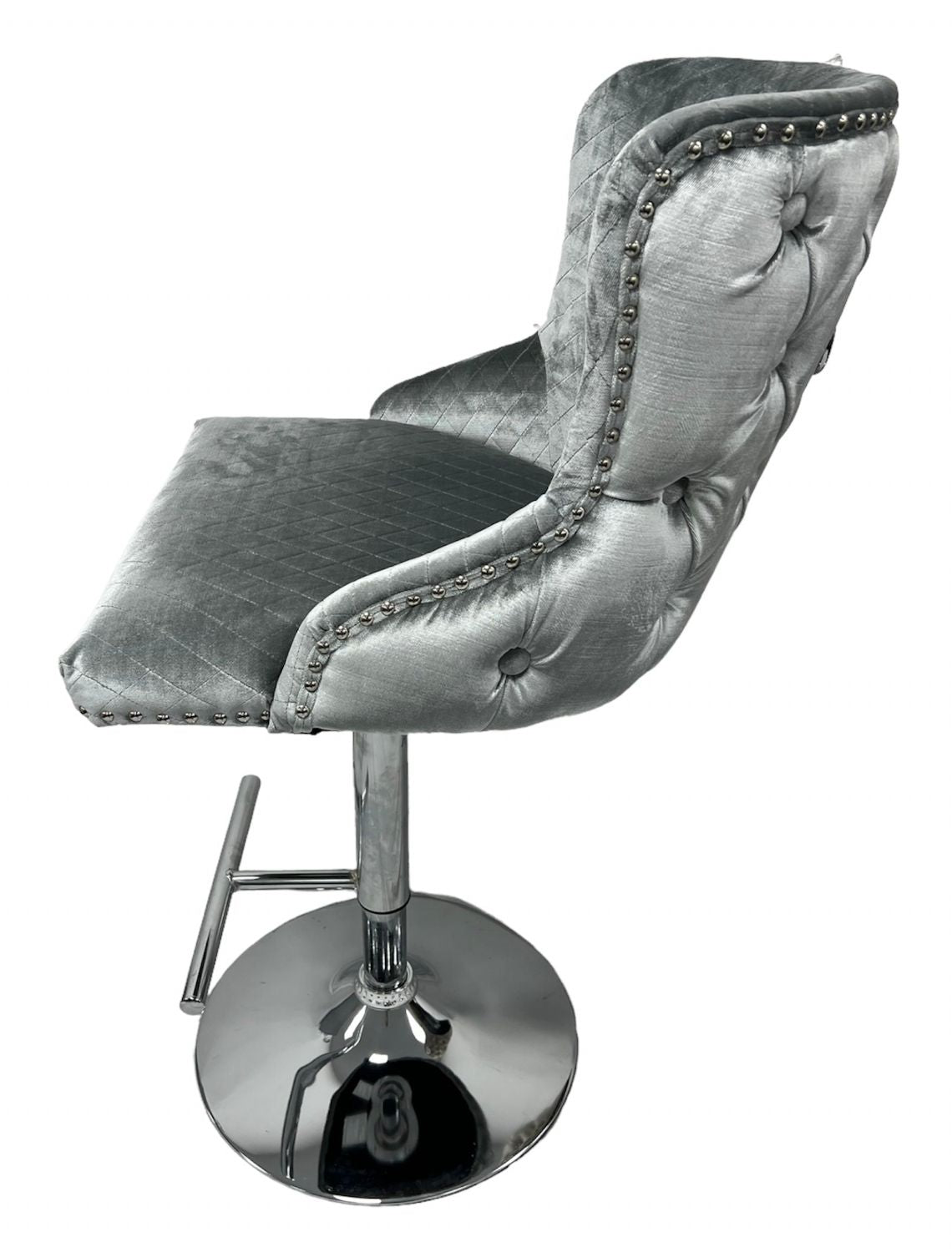 Luxury Light Grey Velvet Chesterfield Bar Stool with Chrome Base and Lion Knocker