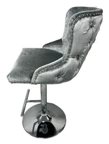 Luxury Light Grey Velvet Chesterfield Bar Stool with Chrome Base and Lion Knocker