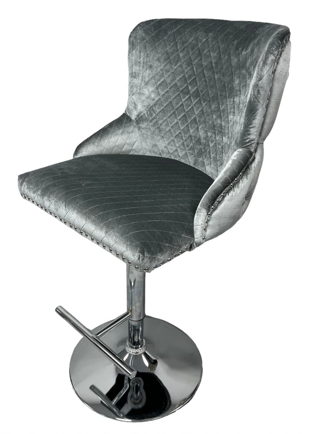 Luxury Light Grey Velvet Chesterfield Bar Stool with Chrome Base and Lion Knocker