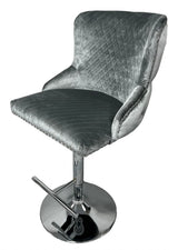 Luxury Light Grey Velvet Chesterfield Bar Stool with Chrome Base and Lion Knocker