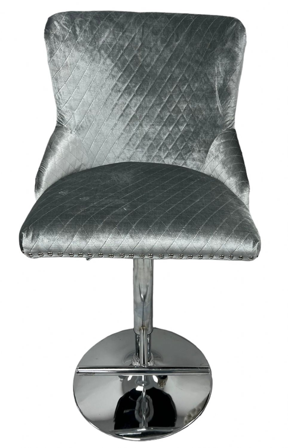Luxury Light Grey Velvet Chesterfield Bar Stool with Chrome Base and Lion Knocker