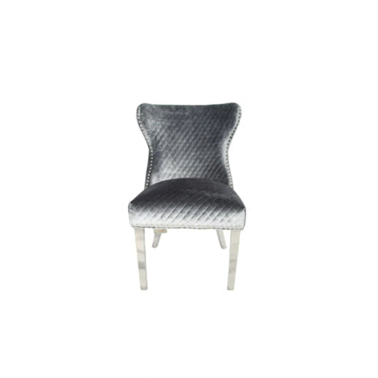 Luxury Plush Light Grey Velvet Dining Chair with Lion Knocker and Chrome Legs