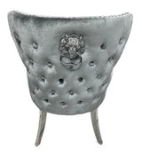 Luxury Plush Light Grey Velvet Dining Chair with Lion Knocker and Chrome Legs