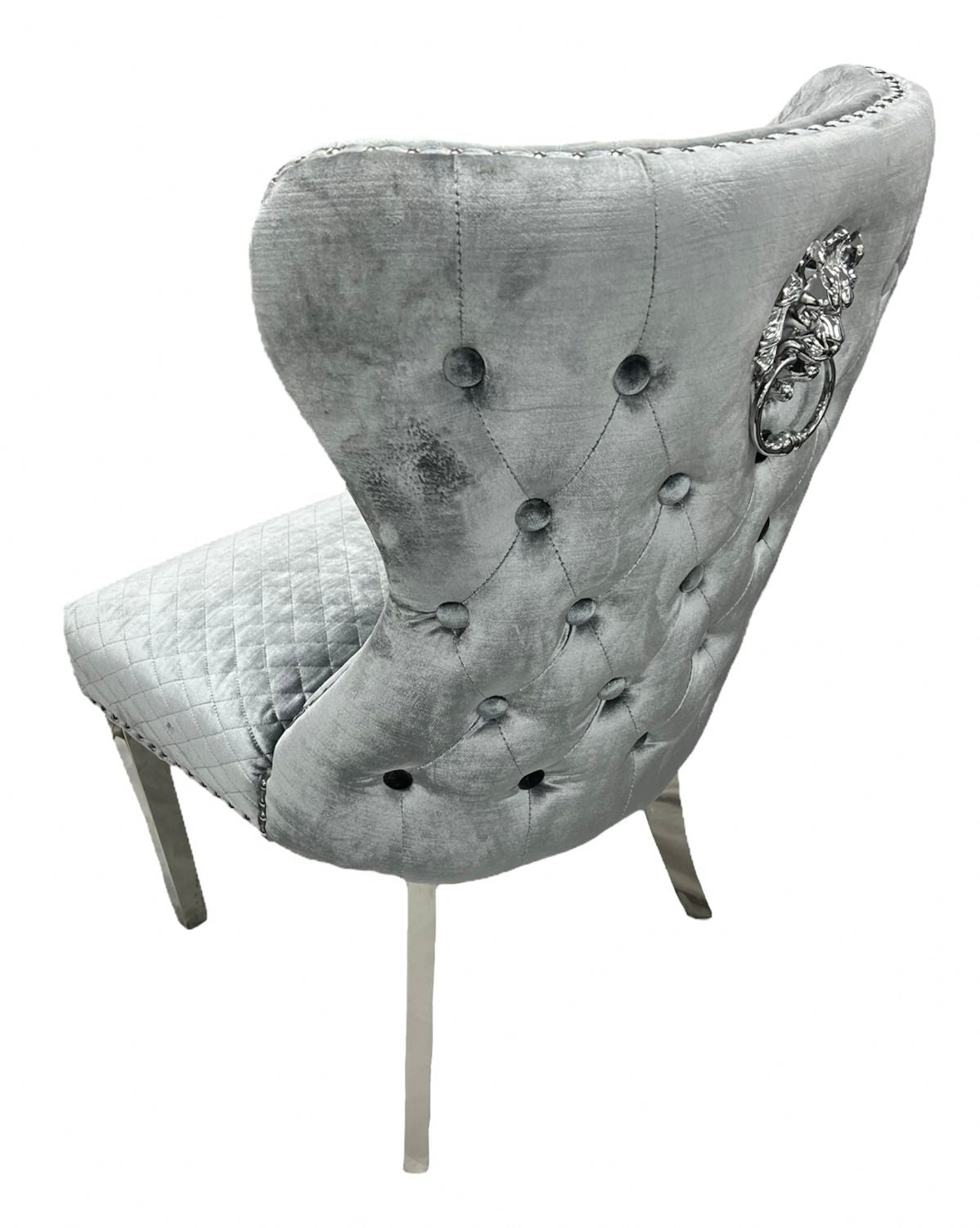 Luxury Plush Light Grey Velvet Dining Chair with Lion Knocker and Chrome Legs