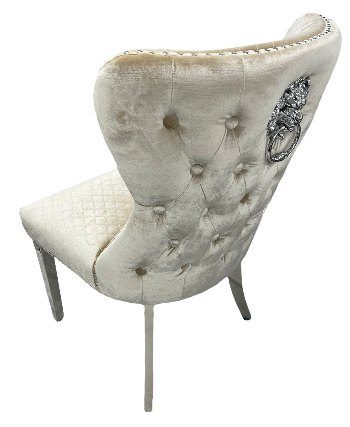 Luxury Mink Shimmer Velvet Dining Chair with Lion Knocker and Chrome Legs