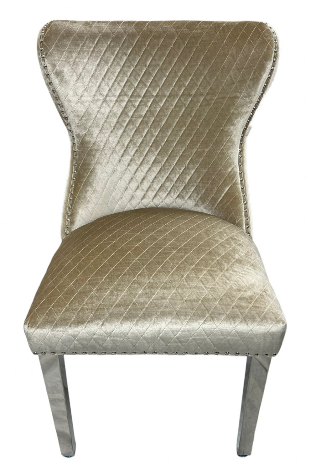 Luxury Mink Shimmer Velvet Dining Chair with Lion Knocker and Chrome Legs