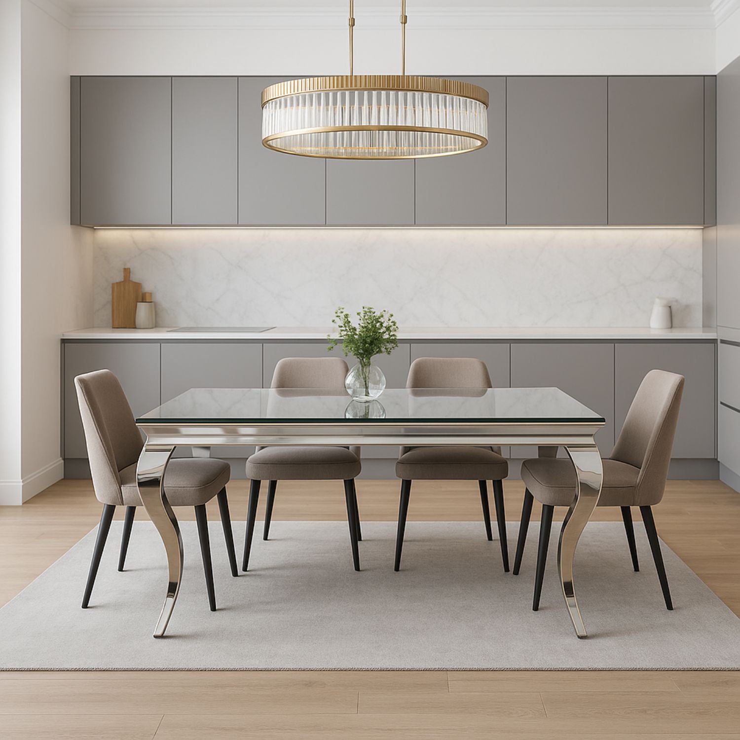Luxury Grey Glass 1.8m Dining Table with Polished Chrome Italian Style Legs