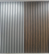 Vertical slatted wall paneling shown in two finishes: a light silver-gray slatted pattern on the left and a medium brown wood-grain slatted pattern on the right, installed against an interior wall.