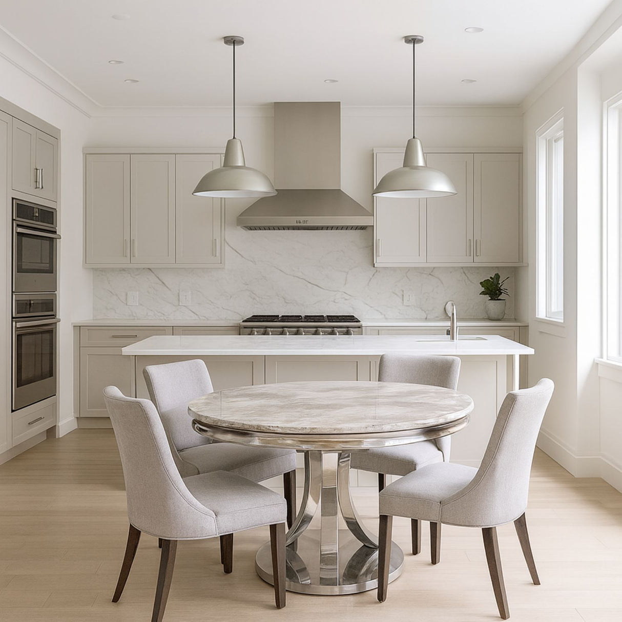Modern Grey Marble Round Dining Table with Chrome Pedestal Base 130cm