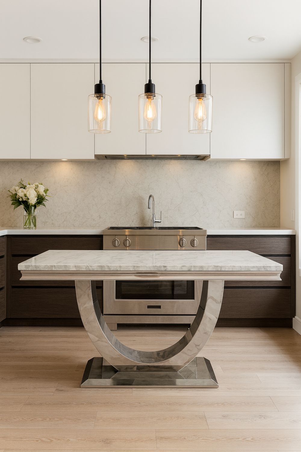 Luxury Grey Marble 2m Dining Table with Silver U Shaped Pedestal Base