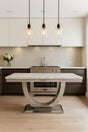 Luxury Grey Marble 2m Dining Table with Silver U Shaped Pedestal Base