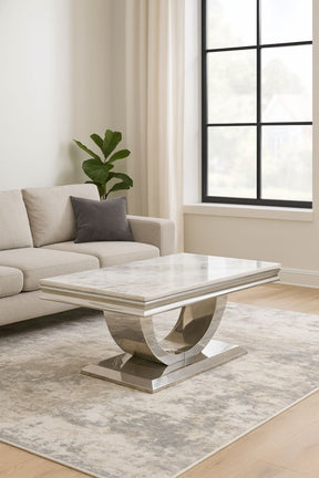 White Marble Effect Coffee Table with Chrome U Shape Pedestal Base