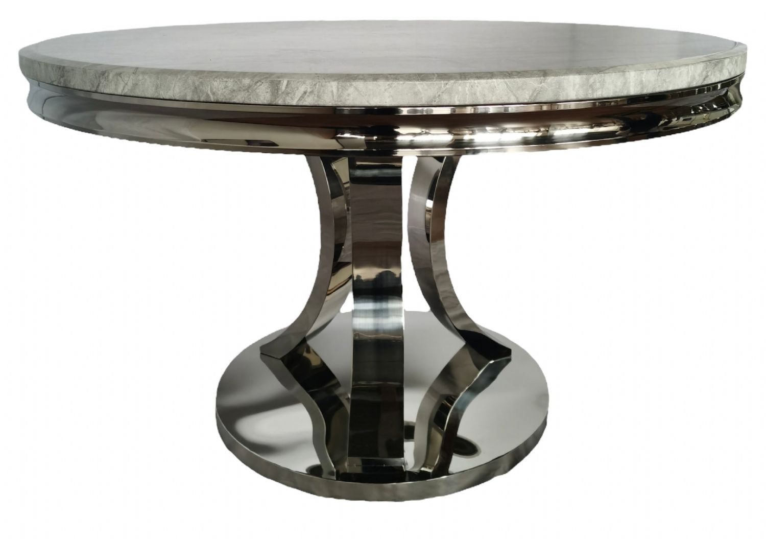 Modern Grey Marble Round Dining Table with Chrome Pedestal Base 130cm