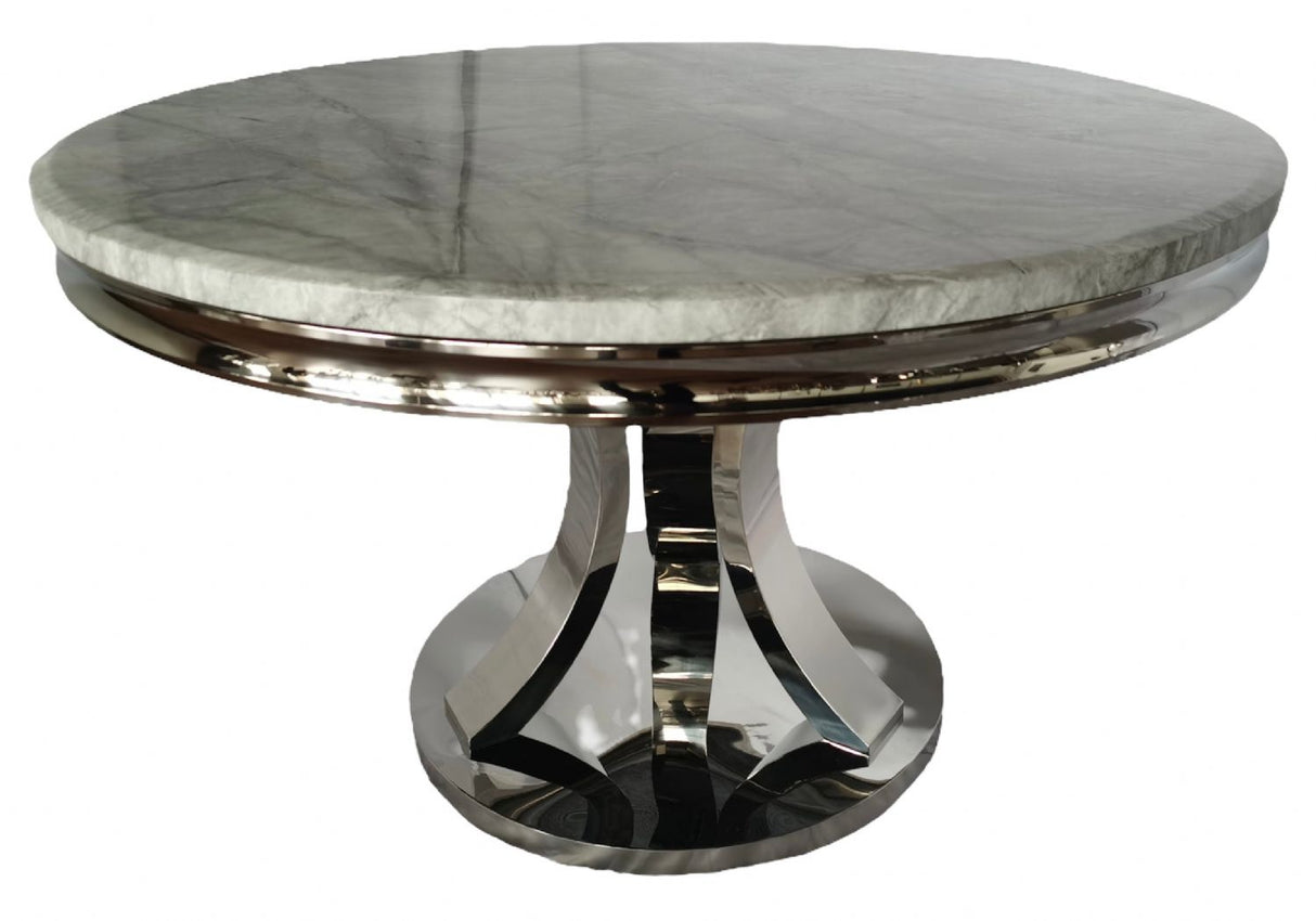 Modern Grey Marble Round Dining Table with Chrome Pedestal Base 130cm