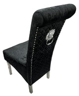 Luxury Crushed Black Velvet Dining Chair with Lion Knocker and Chrome Legs