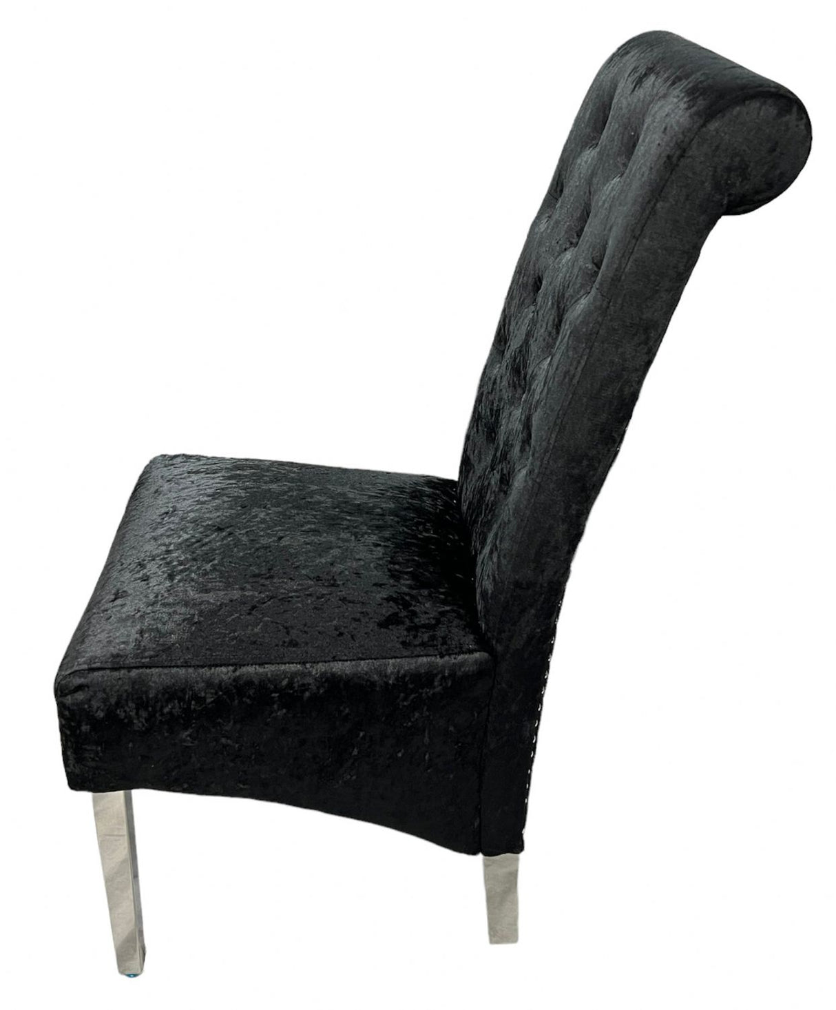 Luxury Crushed Black Velvet Dining Chair with Lion Knocker and Chrome Legs