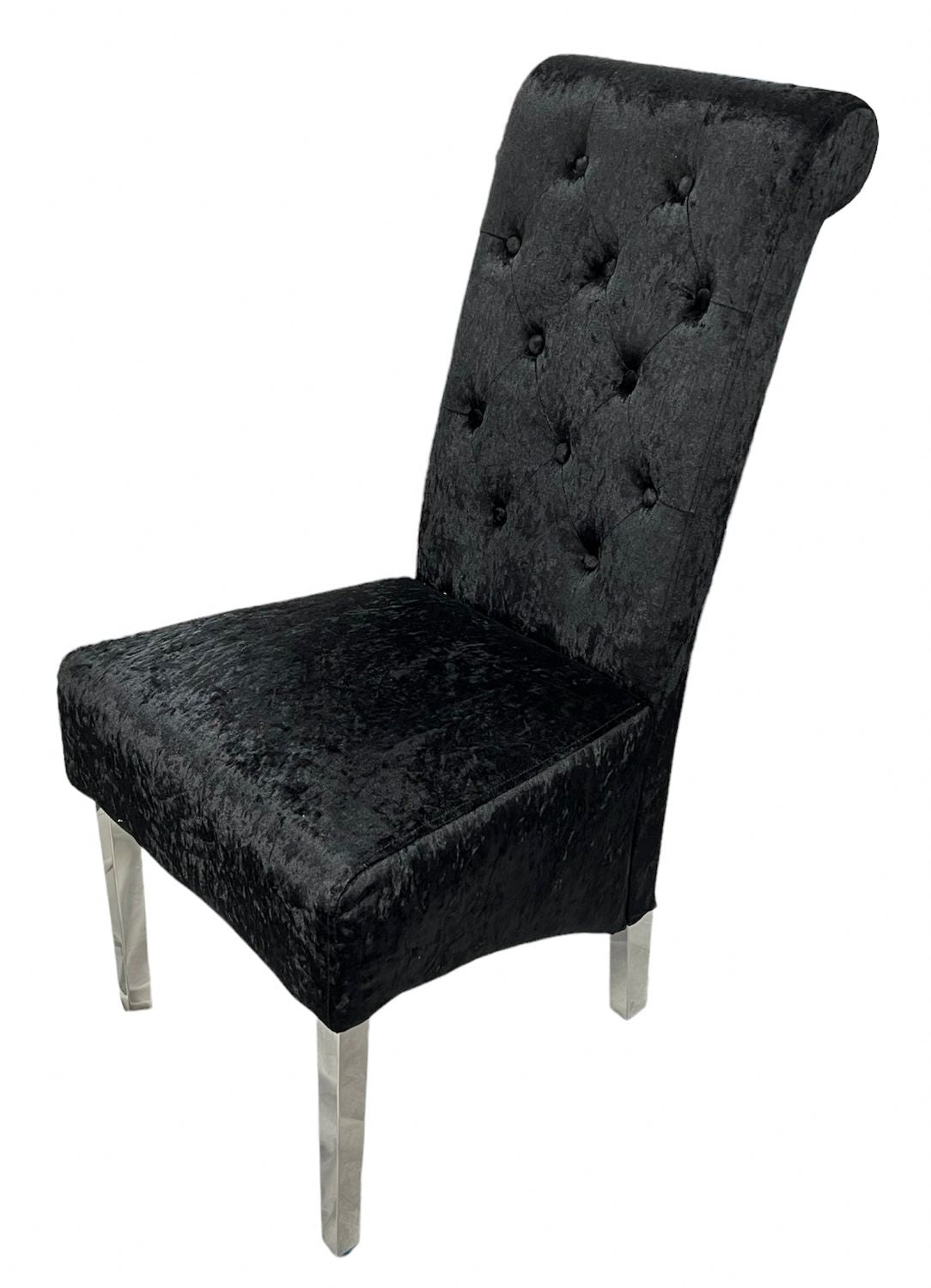 Luxury Crushed Black Velvet Dining Chair with Lion Knocker and Chrome Legs