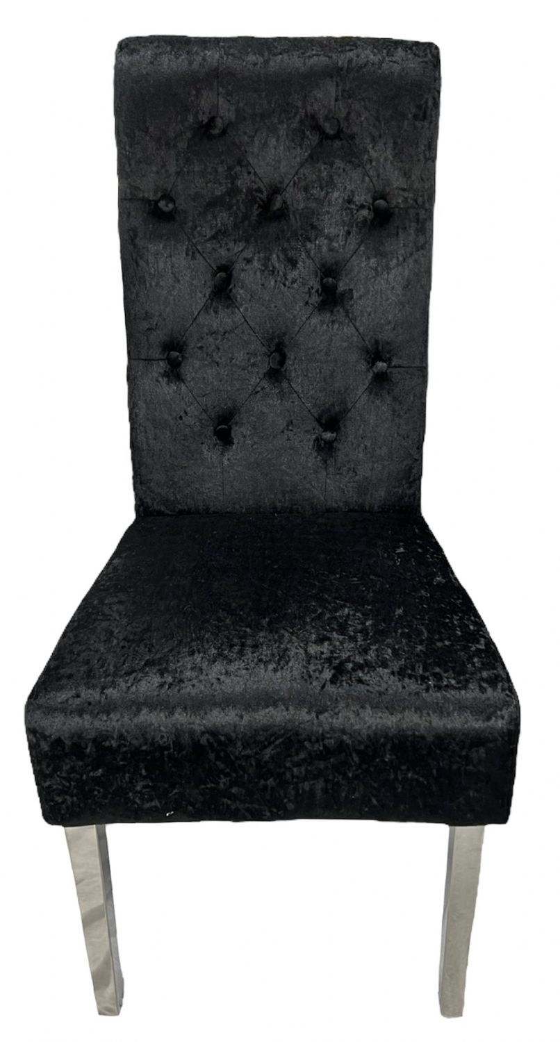 Luxury Crushed Black Velvet Dining Chair with Lion Knocker and Chrome Legs
