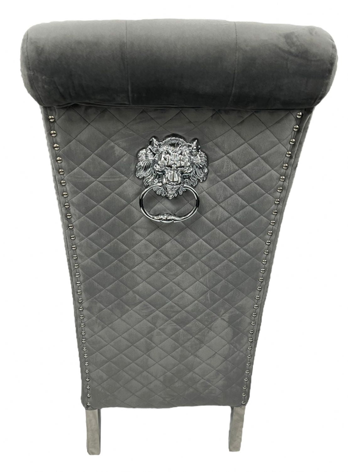 Luxury Dark Grey Velvet Dining Chair with Lion Knocker and Chrome Legs