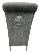 Luxury Dark Grey Velvet Dining Chair with Lion Knocker and Chrome Legs