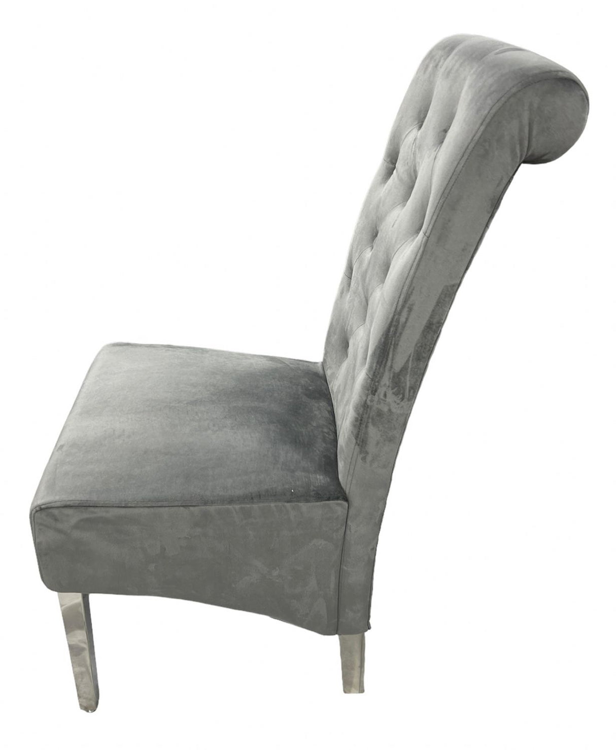 Luxury Dark Grey Velvet Dining Chair with Lion Knocker and Chrome Legs