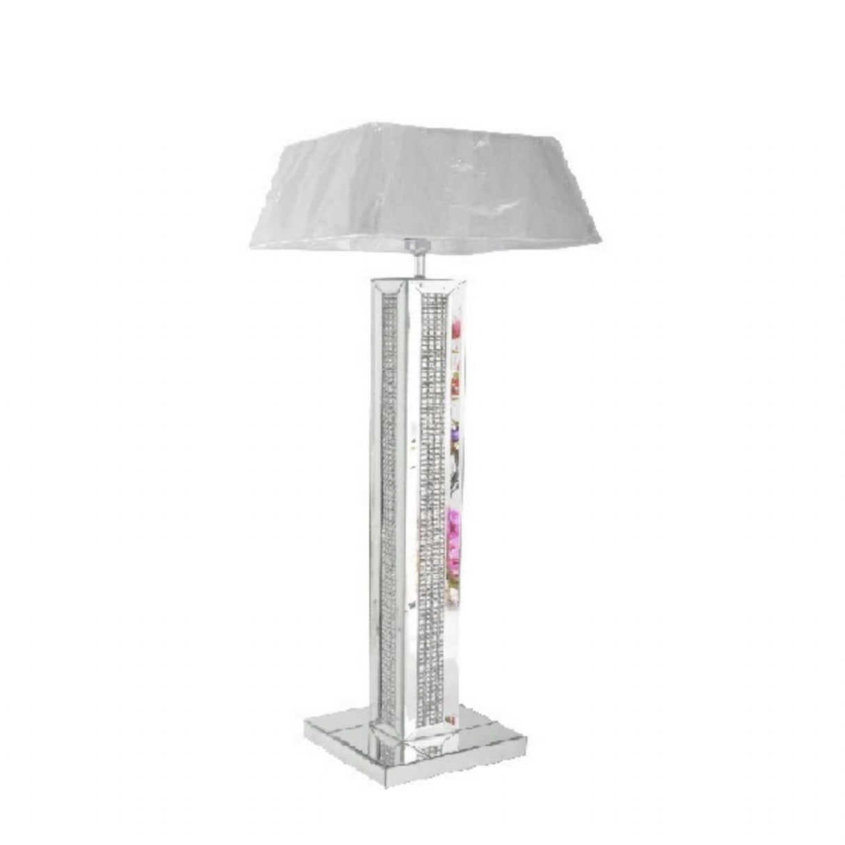 Mirrored Crystal Strip Floor Lamp with White Fabric Shade