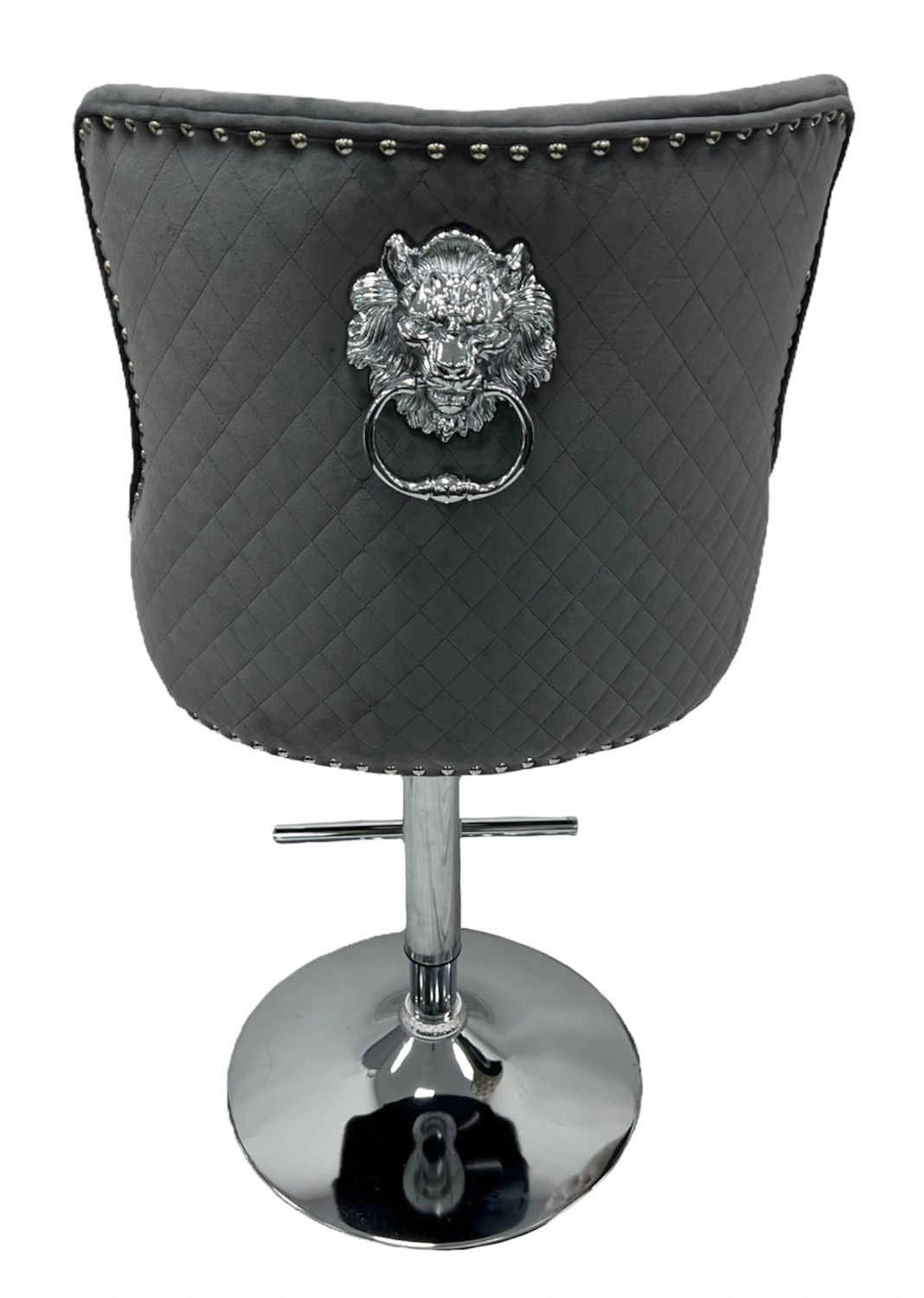 Luxury Dark Grey Velvet Button Tufted Bar Stool with Chrome Base and Lion Knocker