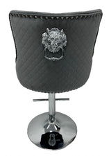 Luxury Dark Grey Velvet Button Tufted Bar Stool with Chrome Base and Lion Knocker