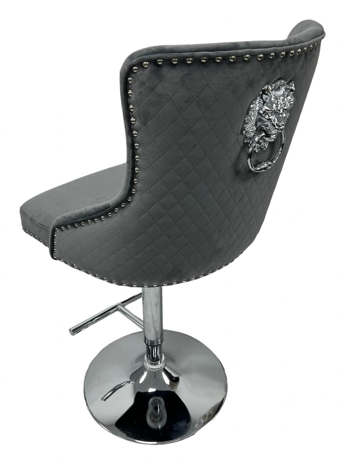 Luxury Dark Grey Velvet Button Tufted Bar Stool with Chrome Base and Lion Knocker