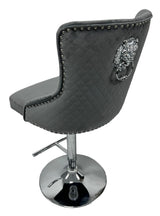 Luxury Dark Grey Velvet Button Tufted Bar Stool with Chrome Base and Lion Knocker