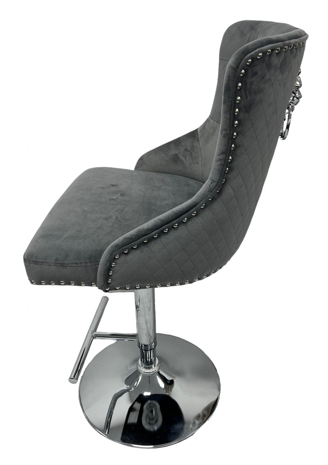 Luxury Dark Grey Velvet Button Tufted Bar Stool with Chrome Base and Lion Knocker