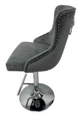 Luxury Dark Grey Velvet Button Tufted Bar Stool with Chrome Base and Lion Knocker
