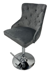 Luxury Dark Grey Velvet Button Tufted Bar Stool with Chrome Base and Lion Knocker