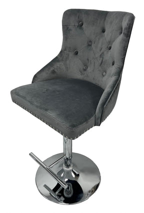 Luxury Dark Grey Velvet Button Tufted Bar Stool with Chrome Base and Lion Knocker