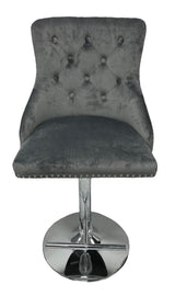 Luxury Dark Grey Velvet Button Tufted Bar Stool with Chrome Base and Lion Knocker