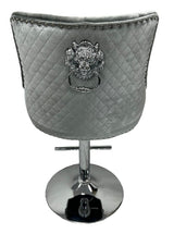 Modern Silver Grey Shimmer Velvet Bar Stool with Lion Knocker and Chrome Pedestal Base