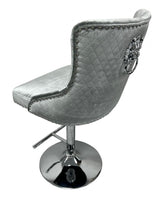 Modern Silver Grey Shimmer Velvet Bar Stool with Lion Knocker and Chrome Pedestal Base