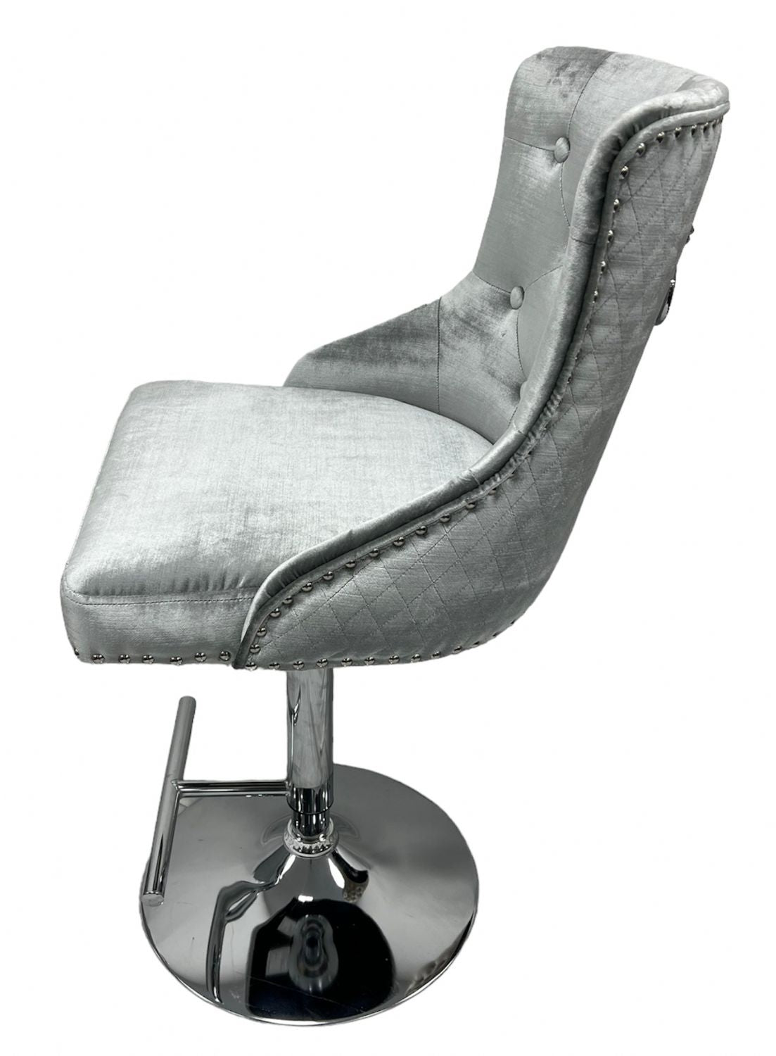 Modern Silver Grey Shimmer Velvet Bar Stool with Lion Knocker and Chrome Pedestal Base