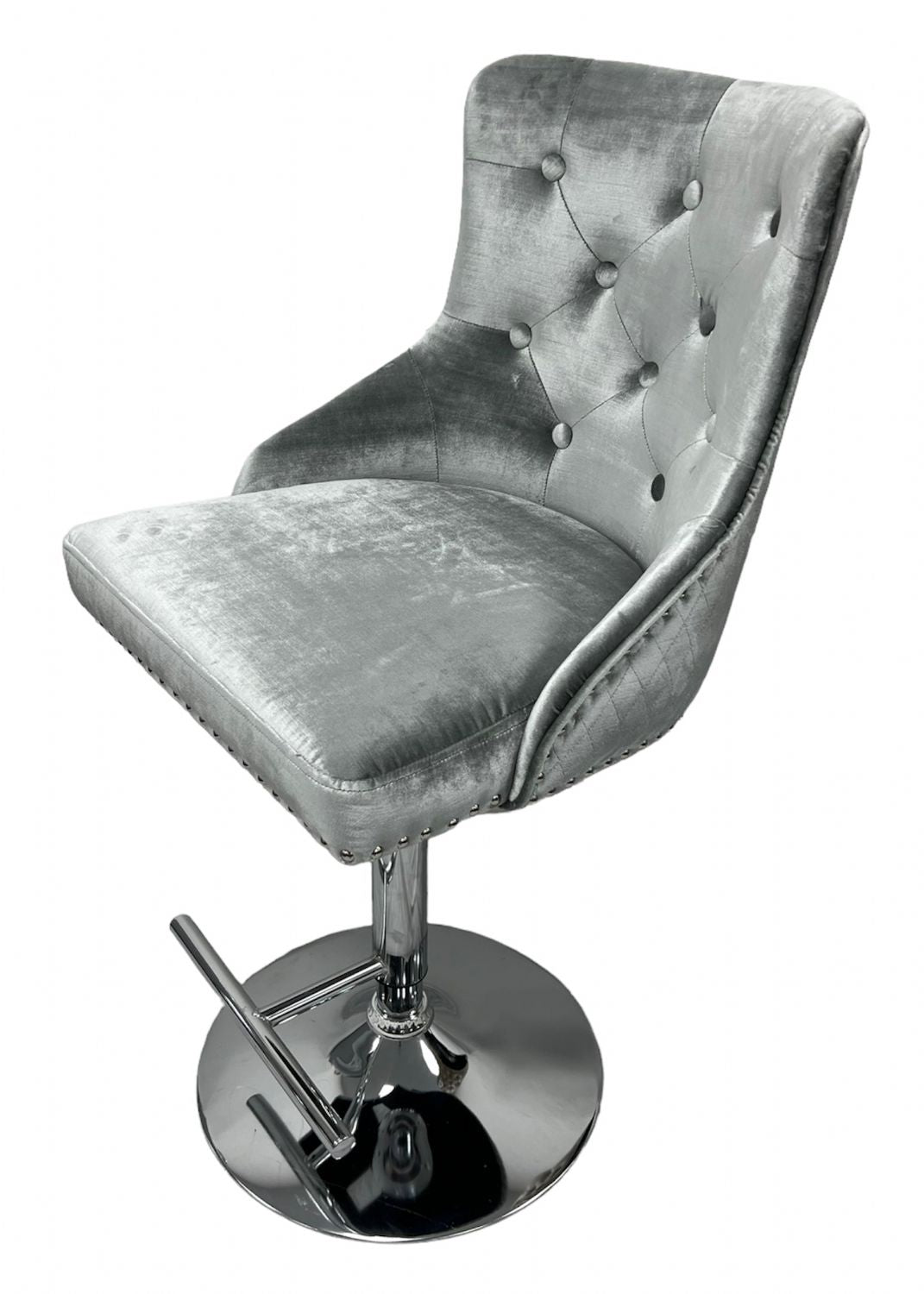 Modern Silver Grey Shimmer Velvet Bar Stool with Lion Knocker and Chrome Pedestal Base