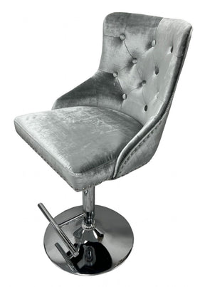 Modern Silver Grey Shimmer Velvet Bar Stool with Lion Knocker and Chrome Pedestal Base