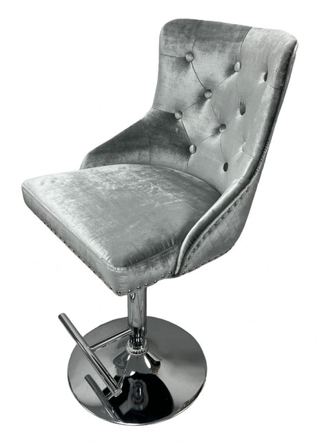 Modern Silver Grey Shimmer Velvet Bar Stool with Lion Knocker and Chrome Pedestal Base